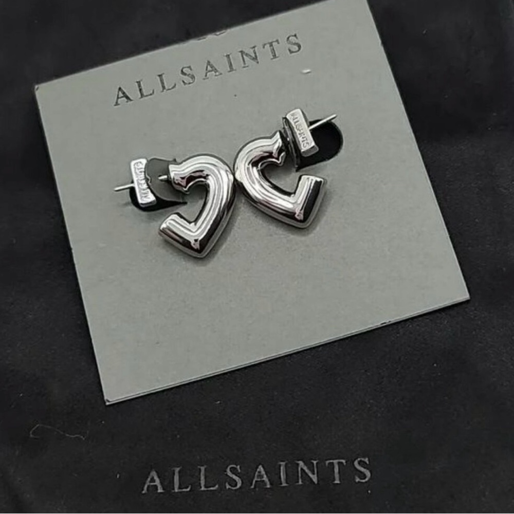 ALL SAINTS Silver Tone Small Heart Huggie Hoops Earrings NWT Post Back Hearts